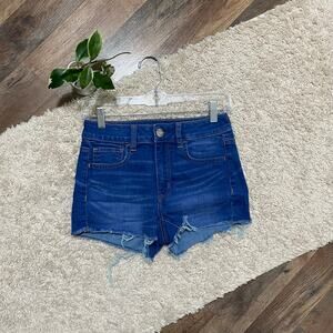 American Eagle Size 2 Blue Super Stretch Frayed High-Rise Shortie Denim Shorts